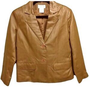 Preppy Chic Tan Brown Leather Blazer Size 6P Minimalist Timeless Vintage 90s